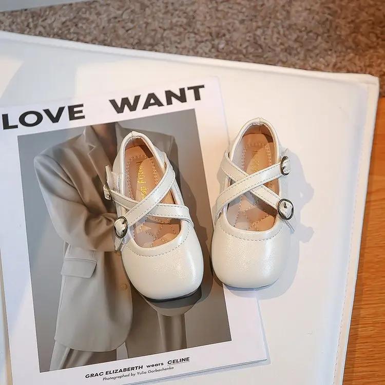 Girls' Solid Color Leather Shoes 2024 Spring New Korean Style Student Soft Sole Moccasin Shoes Solid Color Round-toe Flats Cross