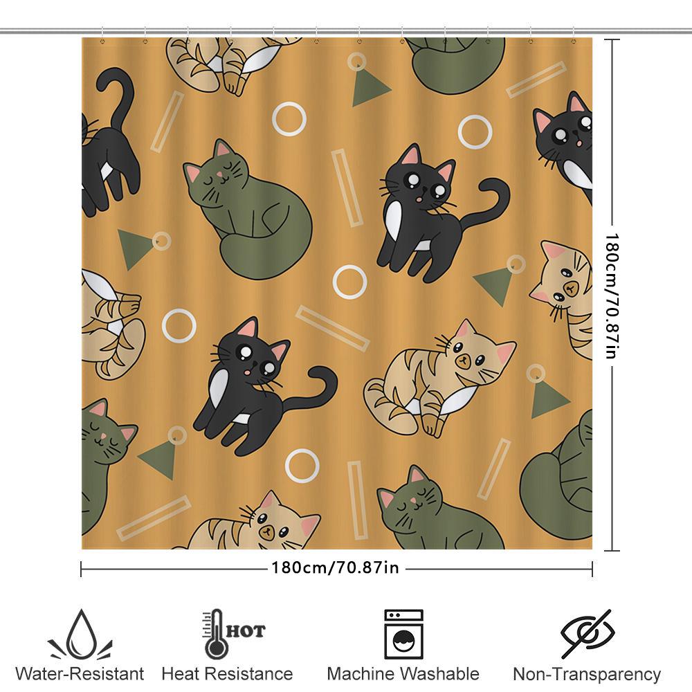 Whimsical Cats Shower Curtain: 3D Printed Polyester Fabric Design For Bathroom Decorations Cute Kitten Print In Green, Black, Or