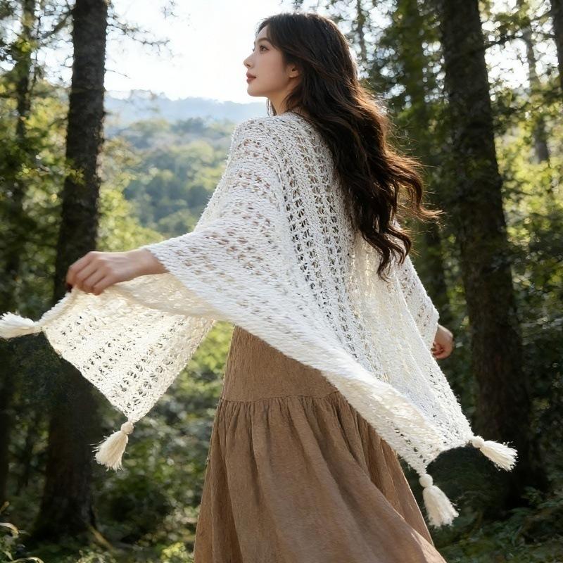 Summer Mesh Lace Women Cover-Up With Tassels Elegant Beach Open-Front Sun Protection Shawl