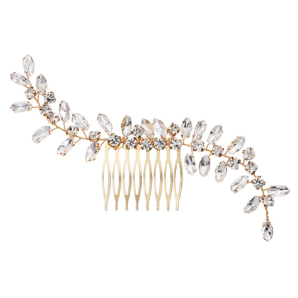 Wedding Hair Accessories Gold Rhinestone Hair Comb Wedding Banquet Updo Hair Ornaments Crystal Leaf Bridal Comb