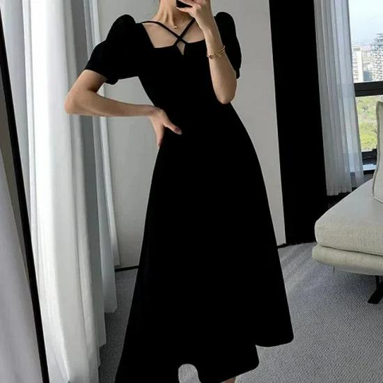 Hepburn Style Waist-Cinched Little Black Dress - Women's 2025 Summer Collection