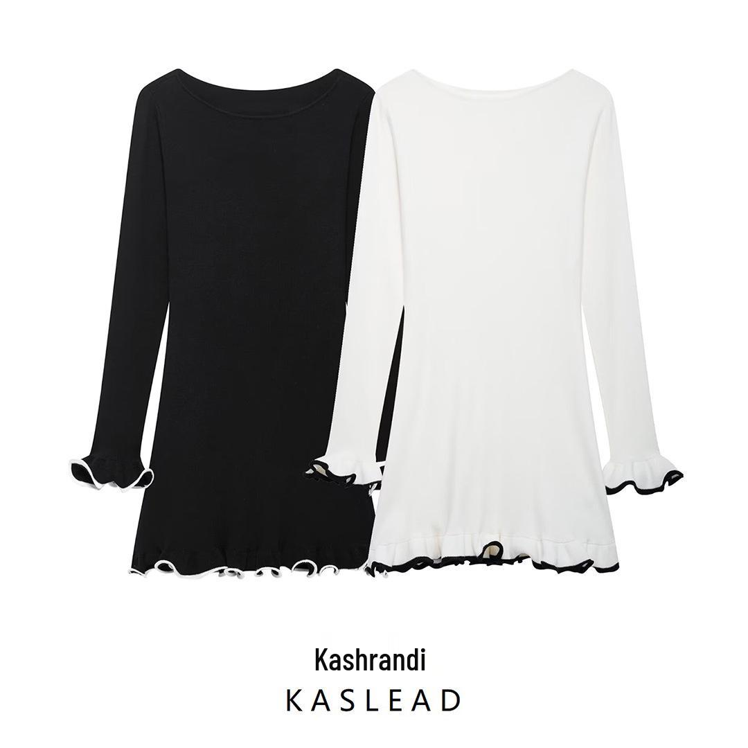

2025 Spring Women s European & American Style Knit Dress with Rolled Edge, Long Sleeve, Party-Ready. M