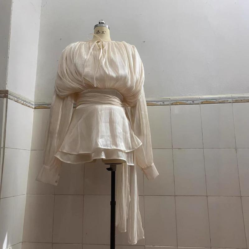 Damskie Zestawy Dwuczęściowe Elegancka Marszczona Sukienka Mini+Szorty Lato Dekolt O Długi Rękaw Latarnia Sukienki Jednolity Kolor Szykowne Stroje