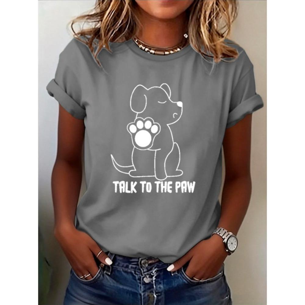 Ilstile Women's Dog Paw Print T-Shirts Summer Short Sleeve Tops Casual Round Neck T Shirt Black White Tees Hot Sale