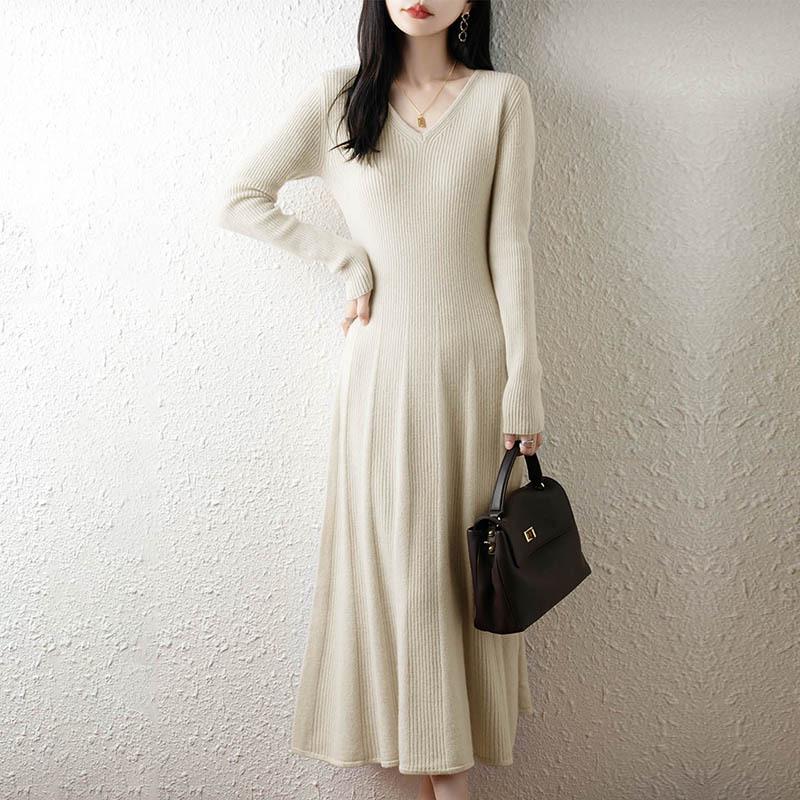 Gentle Style V-neck Pure Wool Knit Dress - Slim Fit Long Sleeve for Autumn & Winter