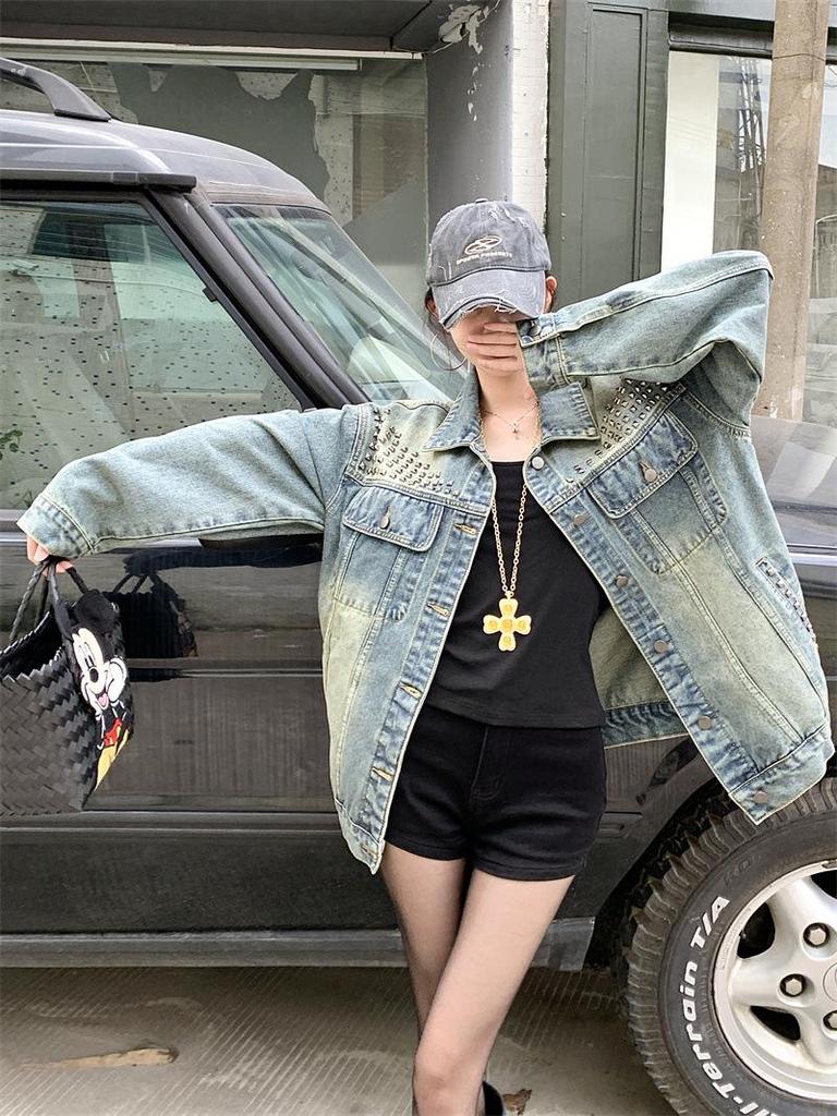 2025 Autumn Spicy Girl High-End Rivet Long-Sleeve Denim Jacket for Women