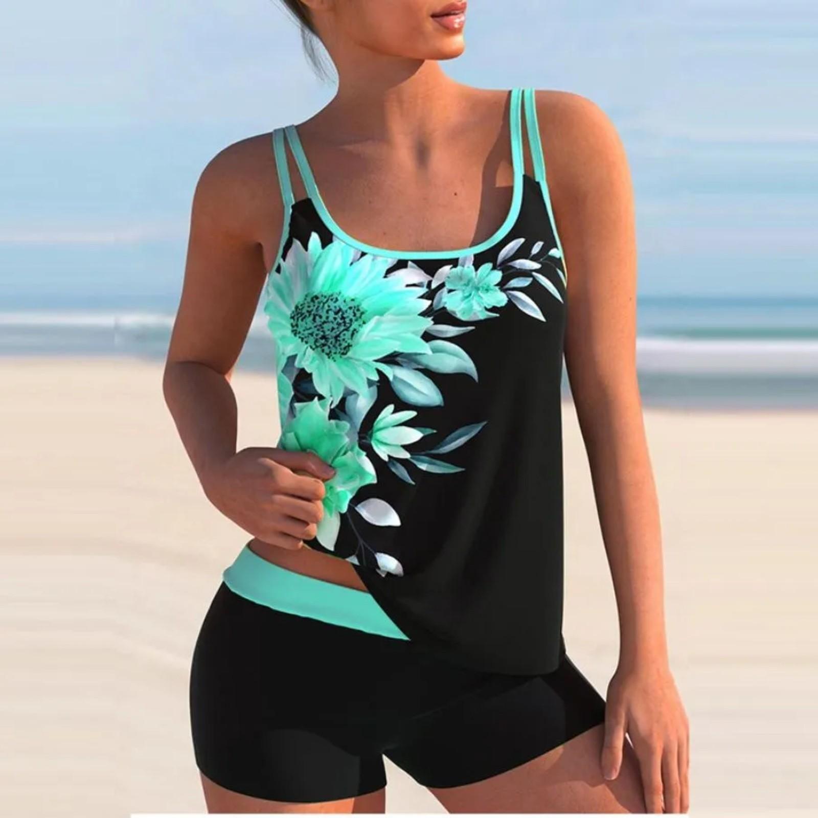 

Женское бикини с разрезом и юбкой с принтом и подушечками на груди без купальника со стальным бюстгальтером XXXL зелёный