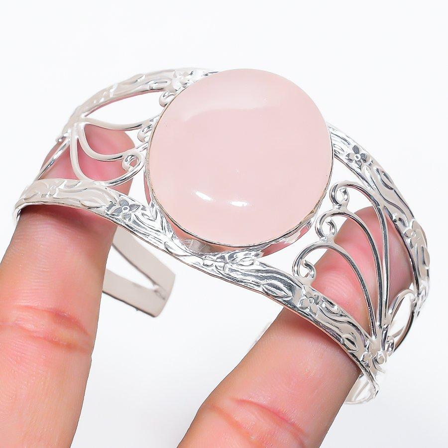 

Natural Rose Quartz Gemstone 925 Sterling Silver Cuff Bangle Adjustable C9K86