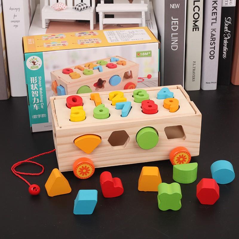 Wooden Educational Toy Multifunctional Intellectual Trailer Box Shape Porous Cognitive Pairing Color Geometric Building Block Car