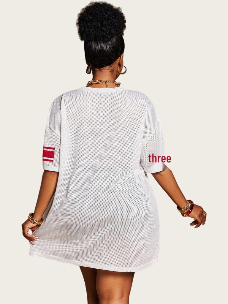 Women's Loose V-Neck Sporty Mesh T-Shirt with Digital Print