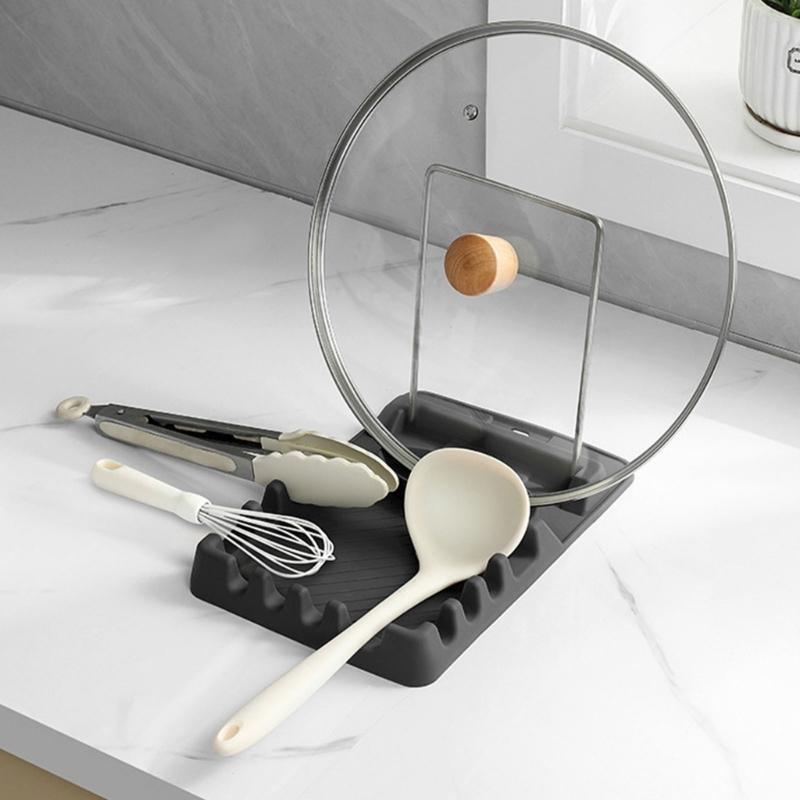 Spatula Rest and Pot Lid Rack with Partitioned Drain Tray, Metal Frame Stand for Sink Area, Table Side Service and Daily Cooking for Kitchen Counter
