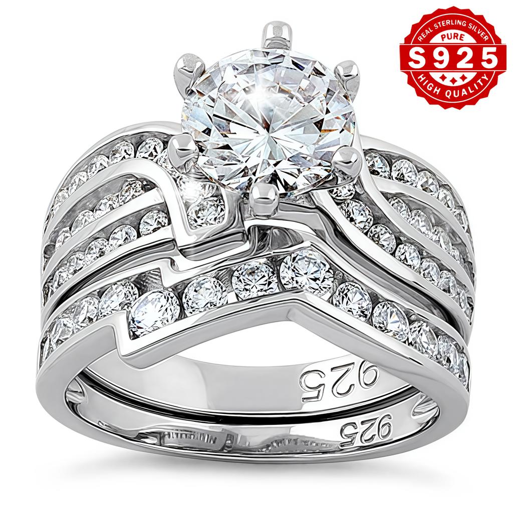 2Set S Silver Fashionable Elegant Engagement Set Ring Inlaid with High-Quality Shiny Synthetic Stones3A Zircon is a perfect jewelry gift for women