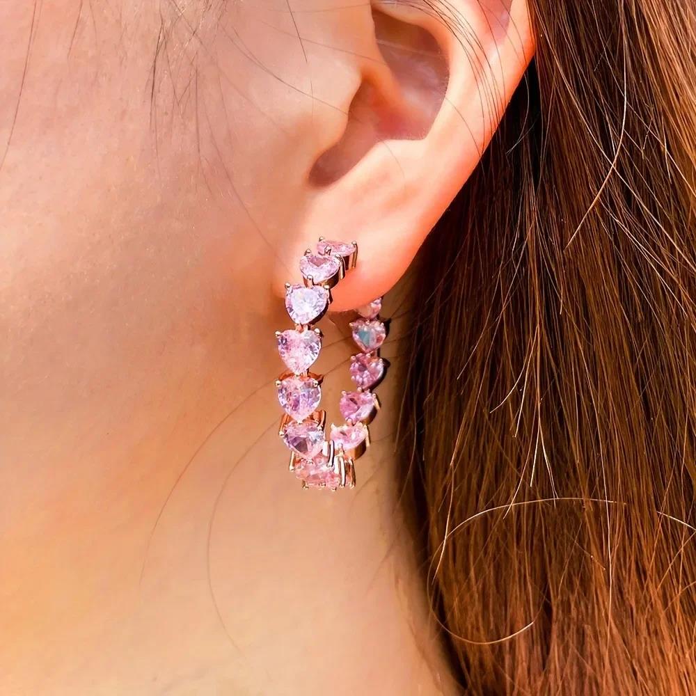 Valentine's Day Gift 1 Pair Sparkling Cubic Zirconia Heart Shape C-Shape Hoop Earrings Stylish Gift For Women And Girls