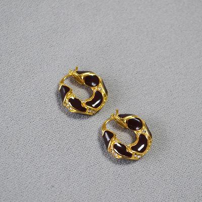 French Retro Gold-Plated Brass Lava Texture Burgundy Red Enamel Earrings for Women