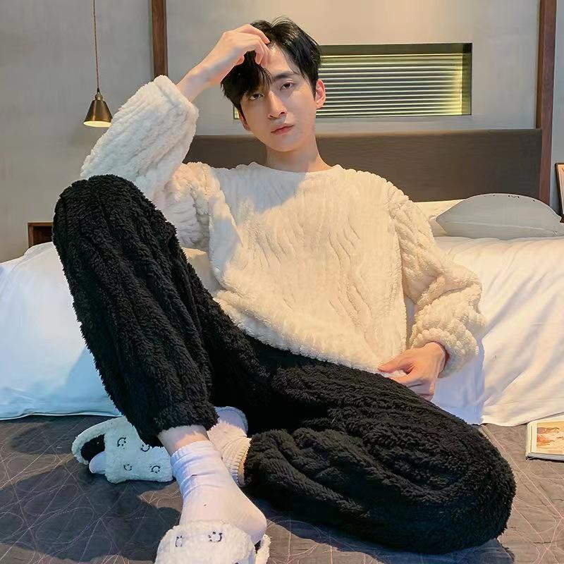 Men's Thick Coral Fleece Round Neck Pajama Set - Flannel, Autumn/Winter, Youth, Large Sizes, Fashionable Homewear