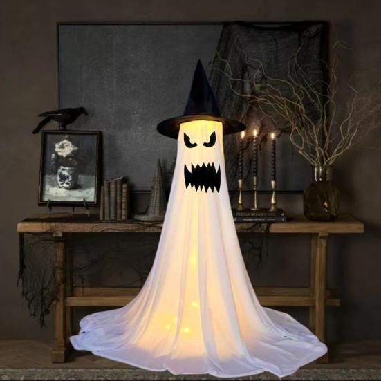 Halloween Ghost Decoration with LED Light Large White Scary Light Up Ghost with Witch Hat for Outdoor Front Porch Yard Garden Lawn Home Decor