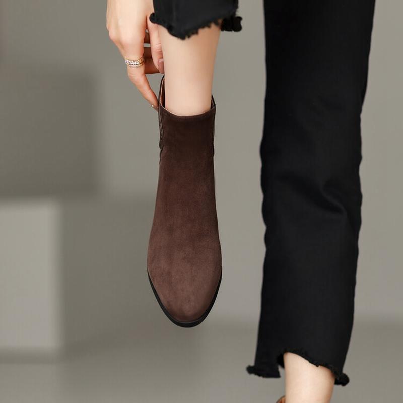 Fashion NEW Fall Shoes Women Sheep Suede Ankle Boots Round Toe Chunky Heel Boots for Women Winter Mature Women Boots Zipper Modern Boots