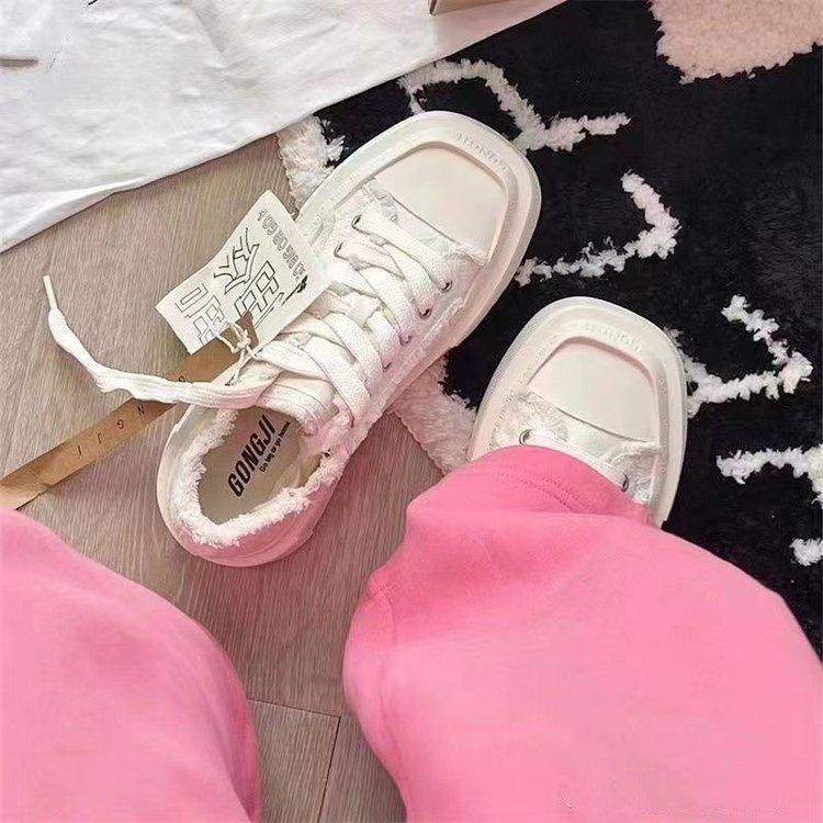 Meilaide Women's Square-Toe Canvas Shoes, Thick-Soled, Spring 2025 Hong Kong Style, Versatile Little White Casual Shoes