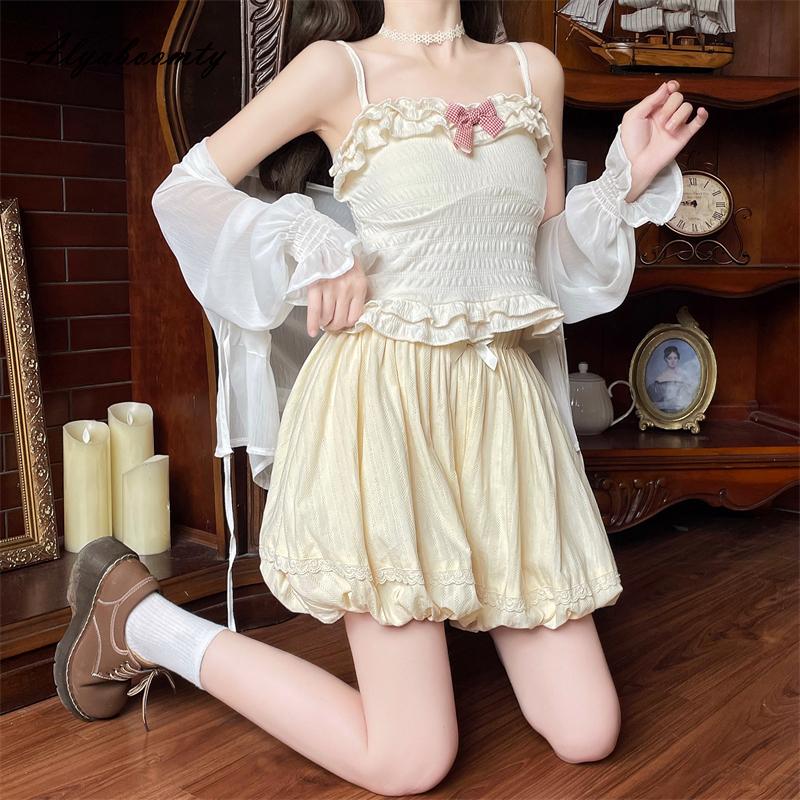 Japanese Lolita Style Summer Women Cotton Shorts High Waist Bow Hollow Out Light Yellow Shorts Skirts Cute Kawaii Girl's Shorts