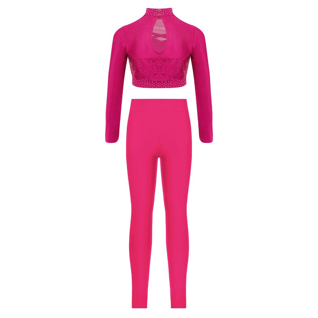 Girls Mock Neck Long Sleeve Mesh Patchwork Shiny Sequins Crop Top Elastic Waistband Leggings Jazz Dance