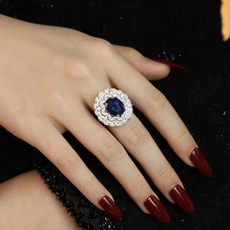 Elegant Gem Sapphire Necklace and Ring Set with Diamonds - Versatile Xiaohongshu Style for Women