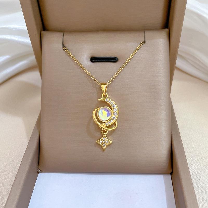 Stainless Steel Chain Necklace Dreamy Moonstone Zircon Moon Planet Star Pendant Necklace for Women Girls Sweet Jewelry Gifts