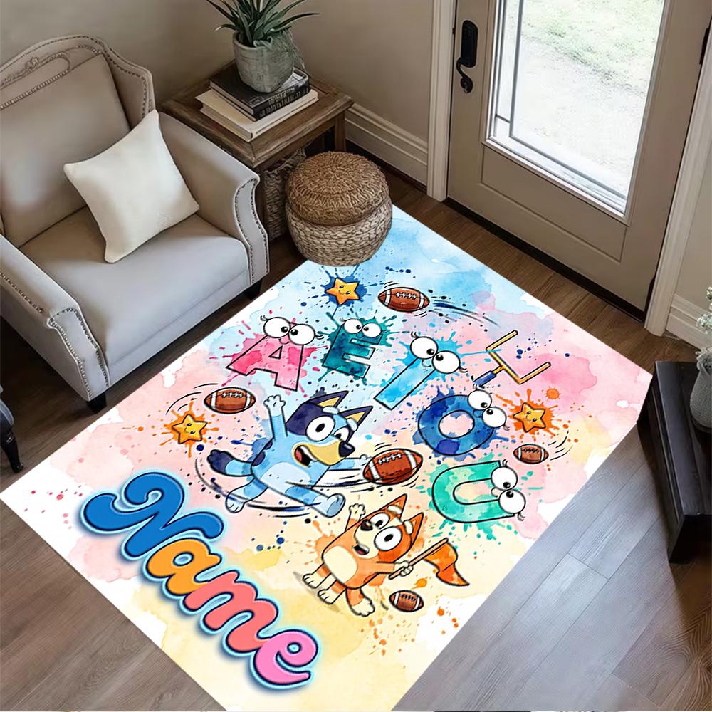 Bluey Soccer Adventure Customizable Name Area Rug Design for Playrooms Kitchen Entryway Outdoor Antislip Carpet Anime Office Decor