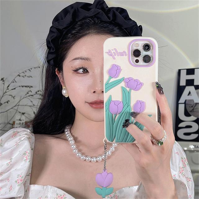 

Японский милый 3d розовый тюльпан с подвеской в ​​виде цветка, чехол для телефона для Iphone 13 12 11 Pro Xs Max X Xr 7 8 Plus, силиконовая мягкая задняя крышка с цветочным принтом For iPhone 13