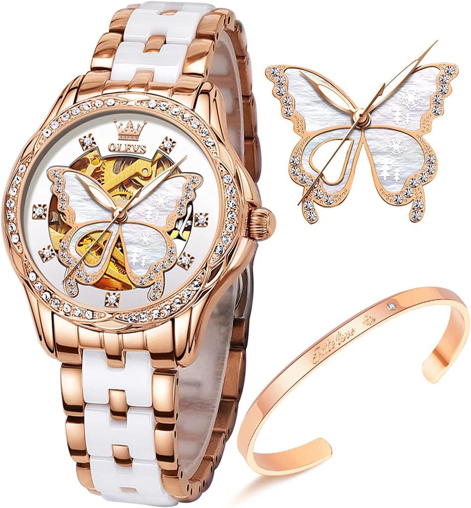 OLEVS Women's Popular Waterproof Ceramic Mechanical Watch with Date Display and Bracelet, White, Perfect Gift for Women