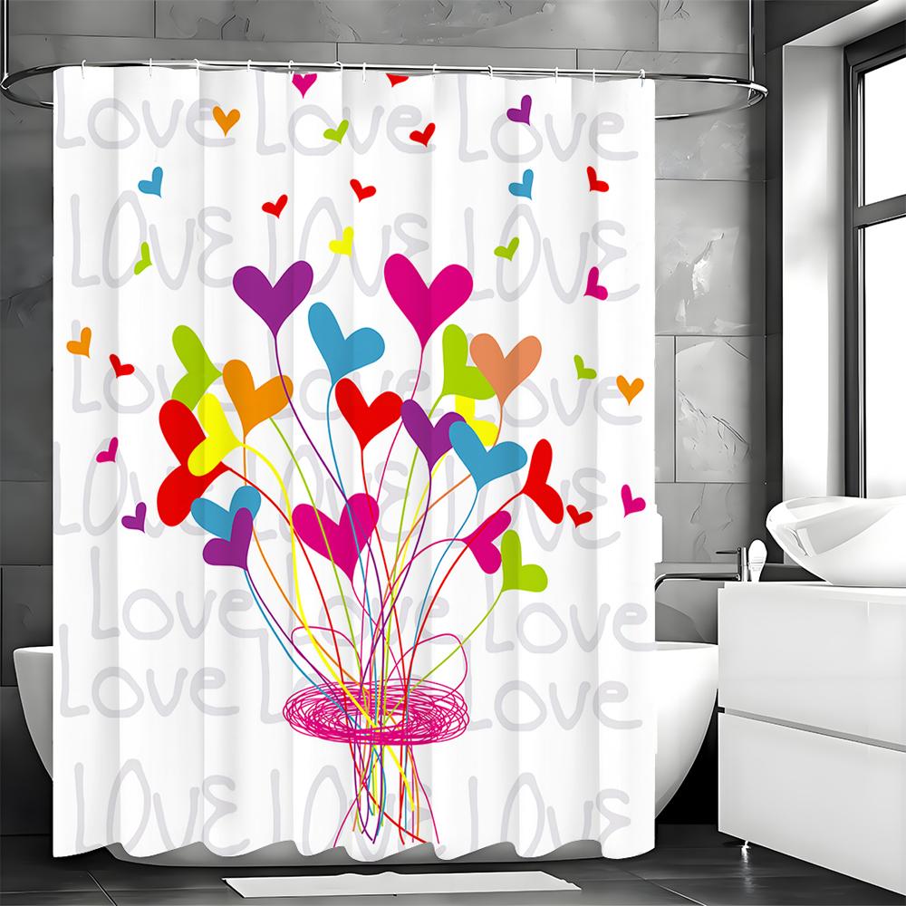 Colorful Cartoon Love Shower Curtain, Bathroom Decorative Shower Curtain, Waterproof Shower Curtain with Hooks