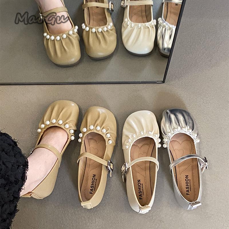 Modische französische Mary Jane Schuhe Perlenverzierung Schnallenriemen Runde Zehenpartie Flache Niedrigabsatz-Pumps Weiche Sohle Ballerinas Damenschuhe Größe 35-42