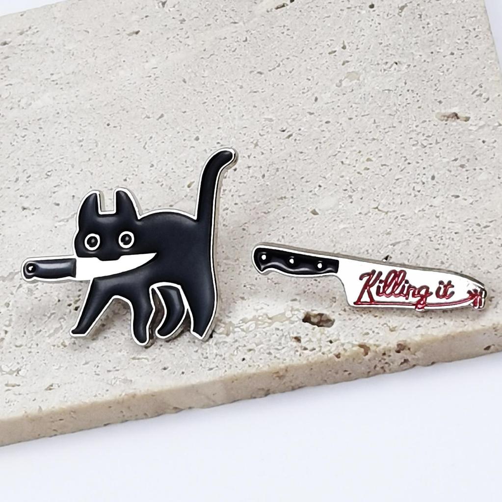 Black Cat Cartoon Knife Brooch with English Letter Design - Creative Fashion Bag Accessory Badge