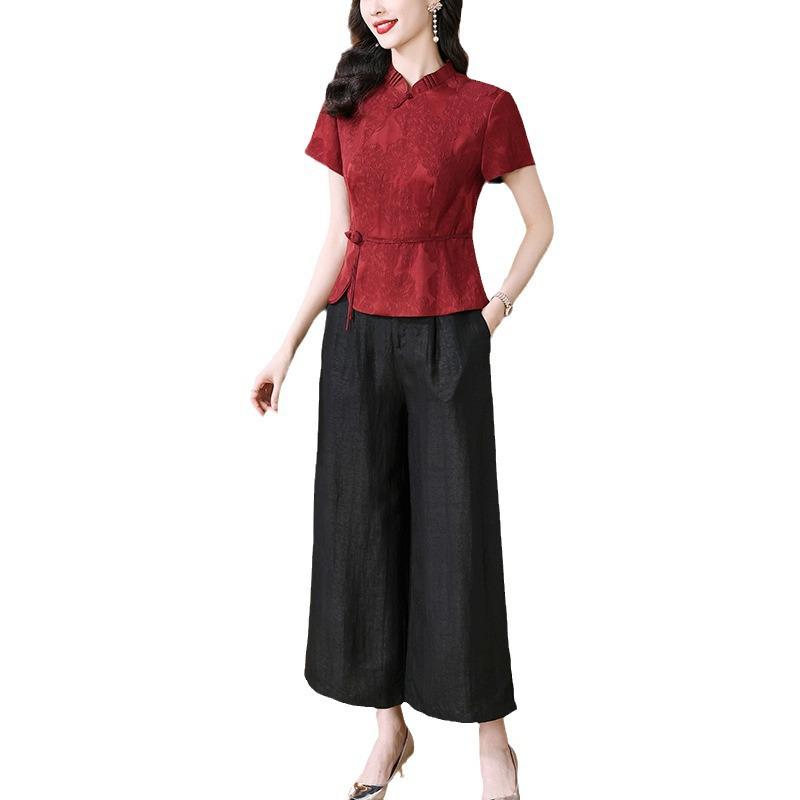 Elegant Xiangyun Silk Summer Suit: Age-Defying Mother’s Top and Wide-Leg Pants in New Chinese Style