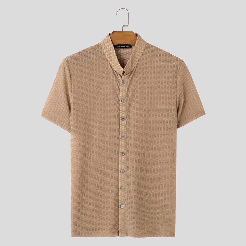 INCERUN Summer Men Stand Neck Short Sleeve Semi-Sheer Texture Skinny Casual T-shirts Tops