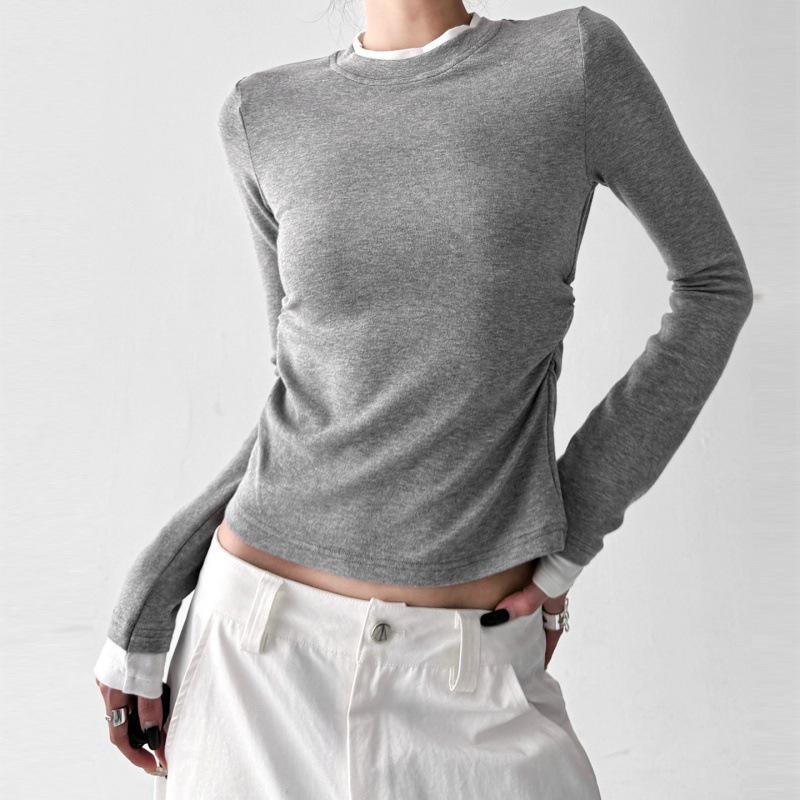 

Women s Gray Patchwork Long-Sleeved Slimming Base Layer T-Shirt - 2025 Autumn Korean Chic Style M (95-105 cm) темно-серого