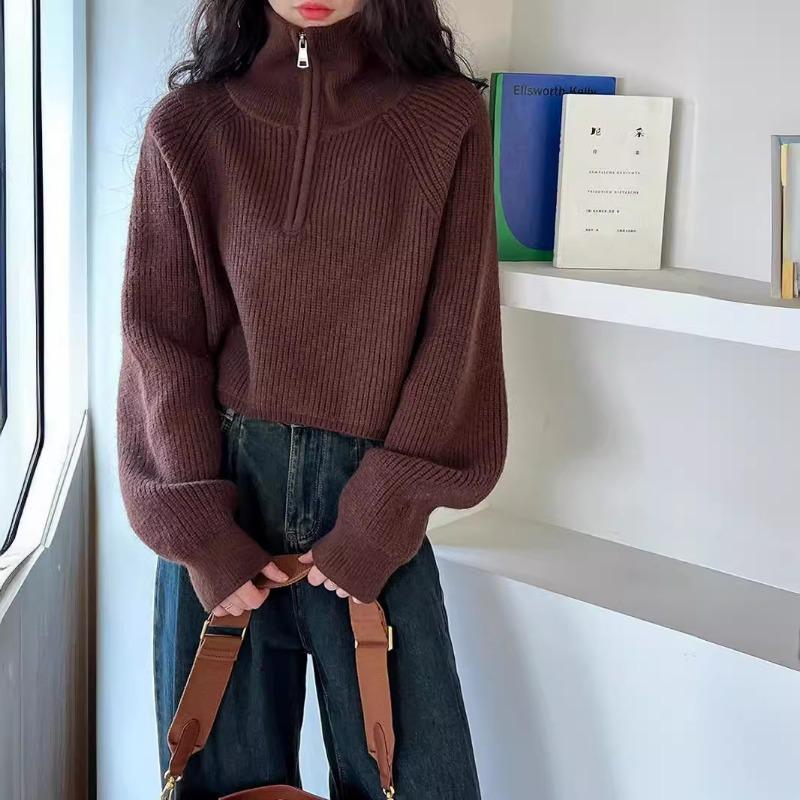Herbst Winter Stehkragen Reißverschluss Pullover Damen Locker Lässig Alleskönner Einfarbig Unterteil Strickoberteil
