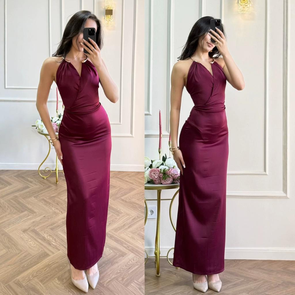 European and American women's clothing spring and summer backless neck collar sleeveless long dress waist hip wrap solid color dress