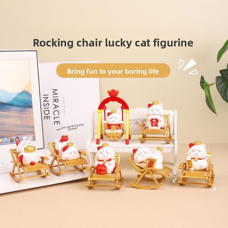 Resin Lucky Cat Figurine With Sitting Chair For Home Office Desk Decor