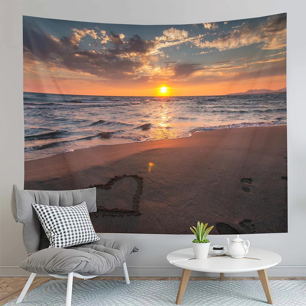 Sunset Beach Tapestry Ocean Waves Tapestry Golden Sky Tapestry Home Living Room Bedroom Dorm Wall Hanging Decorative Blanket