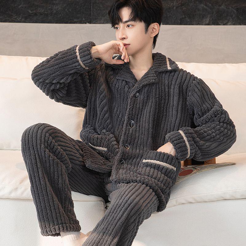 Men's Plus Size Flannel Fleece Home Wear Set - Thickened for Autumn and Winter