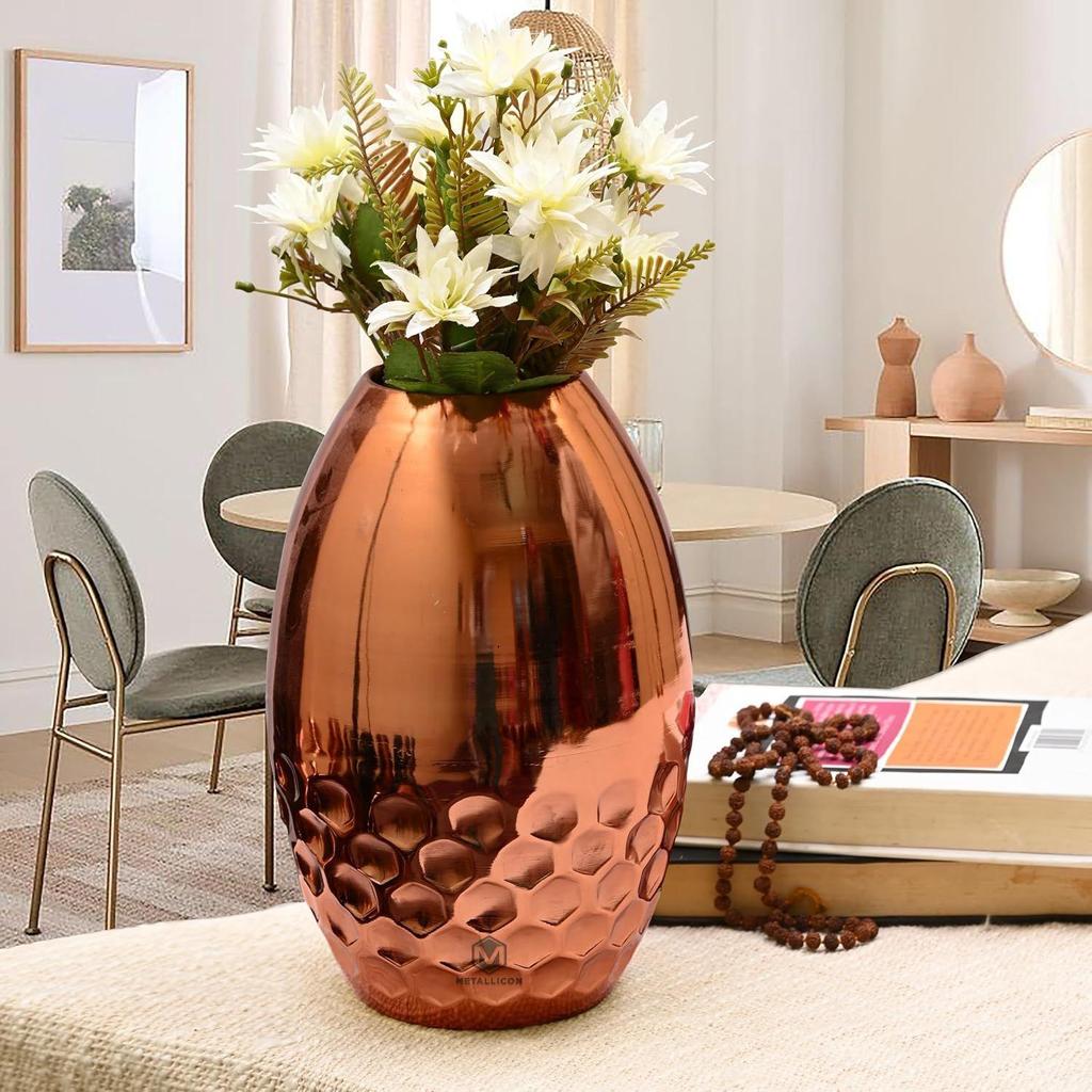 Gold Iron Vase – 11 Inches, Handcrafted Decorative Vase with Hammered Honeycomb Texture, Modern Flower Vase