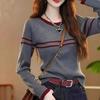 Women's Red Striped Knit Sweater - Long Sleeve Color-Block Slim Fit Waist-Cinching Base Layer for Autumn/Winter