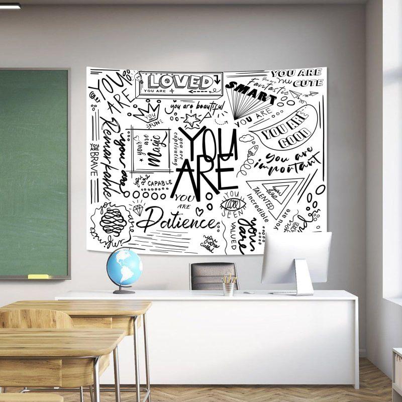 Positive Energy Graffiti Tapestry, Black White Wall Hanging, Motivational Wall Decor for Bedroom Dorm, Street Style
