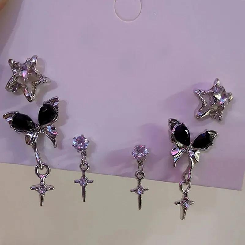New Fashion Goth Black Butterfly Crystal Star Earring Set For Women Girl Vintage Aesthetic Heart Stud Earring Trendy Y2K Jewelry