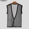 INCERUN Men Deep V Neck Sleeveless Crochet Hem Stitching Mesh Tank Tops