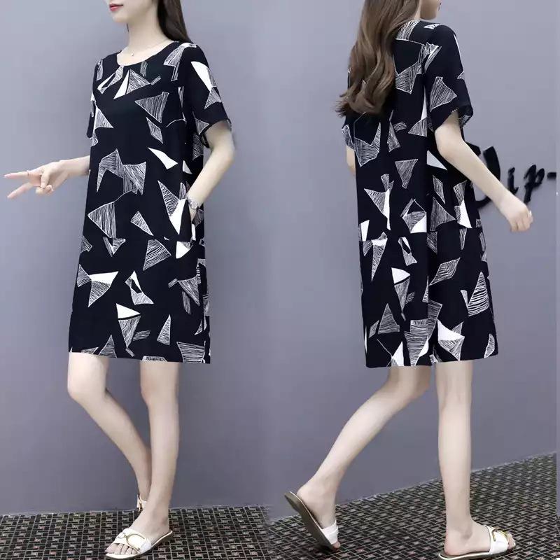 

Женское летнее свободное платье с коротким рукавом больших размеров - корейский стиль, скрывающее живот, подходит для веса до 200 фунтов XXL