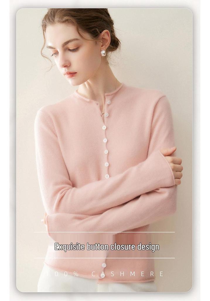 Women's 100% Cashmere Cardigan - Autumn/Winter Rolled Edge, Round Neck Buttoned Knit Sweater Coat