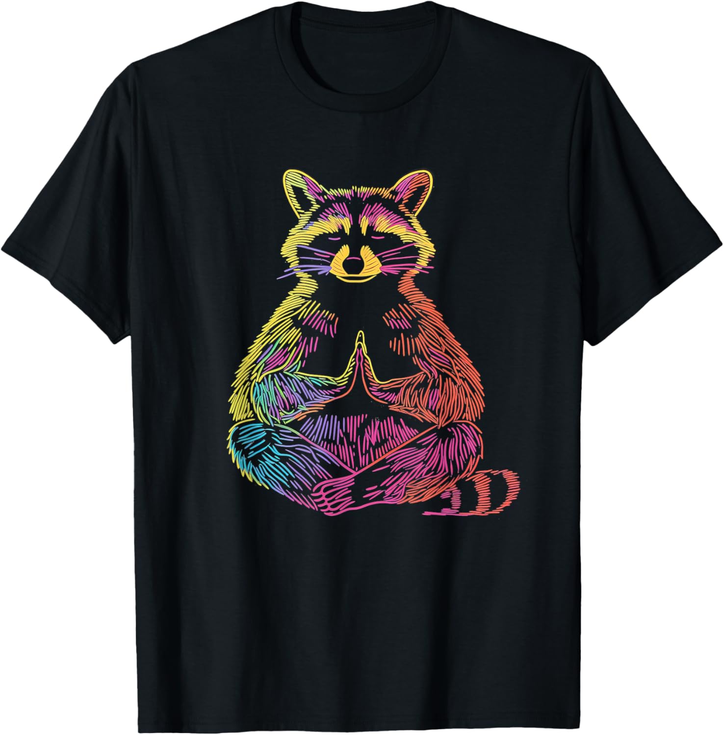 Meditating Raccoon Yoga Zen Funny Animal Rainbow Line Art Graphic Tee Men Casual Trip 4XL