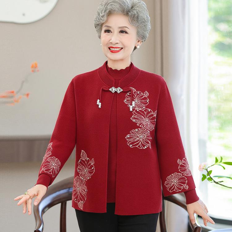 Grandma's New Coat Embroidered Top Mom Autumn Outfit Middle-aged and Elderly Tang Outfit Two-piece Cardigan Long Sleeve