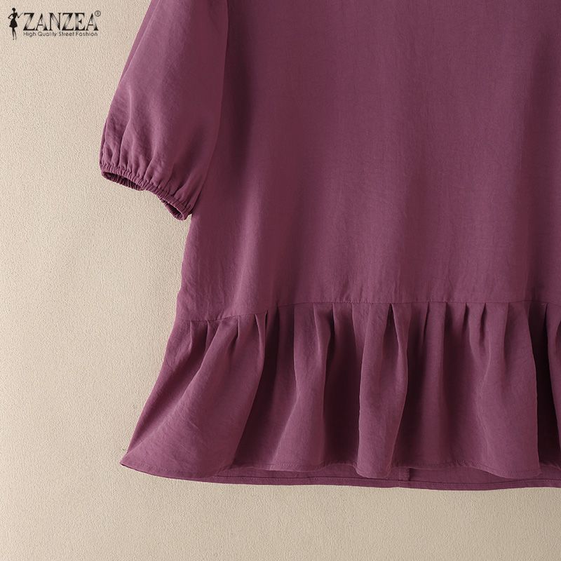 ZANZEA Damen Patchwork Rundhals Locker Sommer Lässig Kurzarm Bluse